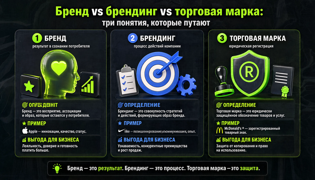 Сравнение понятий бренд, брендинг и торговая марка: иллюстрация с тремя колонками, показывающая различия в определении, примерах и ценности для бизнеса