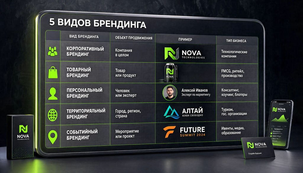 Сравнительная таблица видов брендинга: корпоративный, товарный, персональный и другие с примерами и объектами продвижения