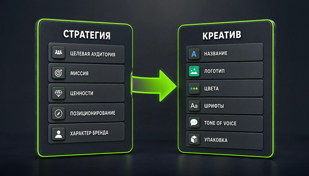 Инфографика: элементы брендинга &mdash; стратегические (ЦА, миссия, ценности, позиционирование, характер) и креативные (название, логотип, цвета, шрифты, tone of voice, упаковка), соединенные стрелками от стратегии к креативу