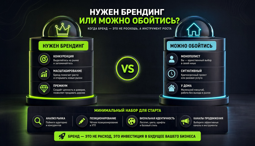 Инфографика: брендинг для малого бизнеса &mdash; когда нужен и с чего начать. Две колонки: нужен брендинг (конкуренция, масштабирование, премиум) и можно обойтись (монополист, ситуативный, у дома). Внизу минимальный набор для старта.