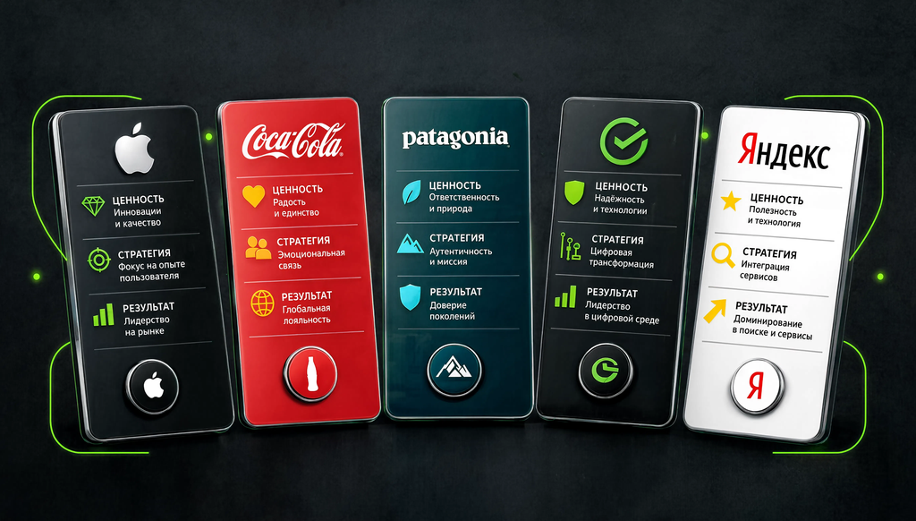 Инфографика с пятью кейсами бренд-маркетинга: Apple, Coca-Cola, Patagonia, Сбер, Яндекс. В каждой карточке указаны ценность, стратегия, результат и ключевой элемент брендинга.