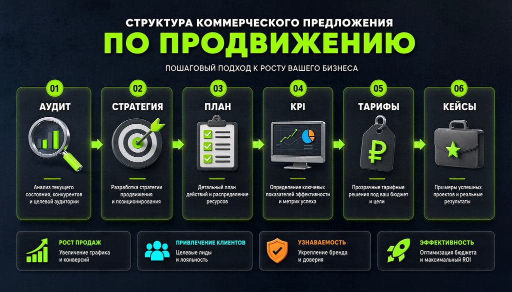 Структура коммерческого предложения по продвижению: аудит, стратегия, план, KPI, тарифы, кейсы