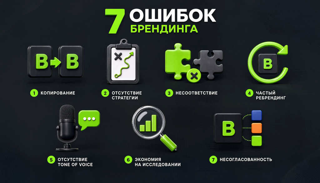Инфографика 7 типичных ошибок в брендинге и способы их избежать