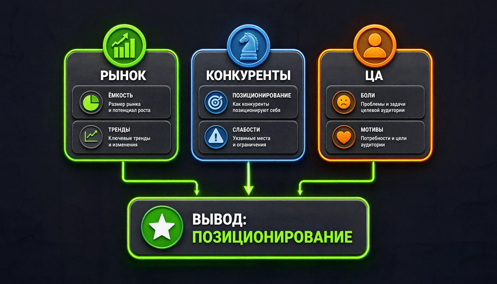 Схема этапа аналитики при создании бренда: анализ рынка, конкурентов и целевой аудитории с выводом позиционирования