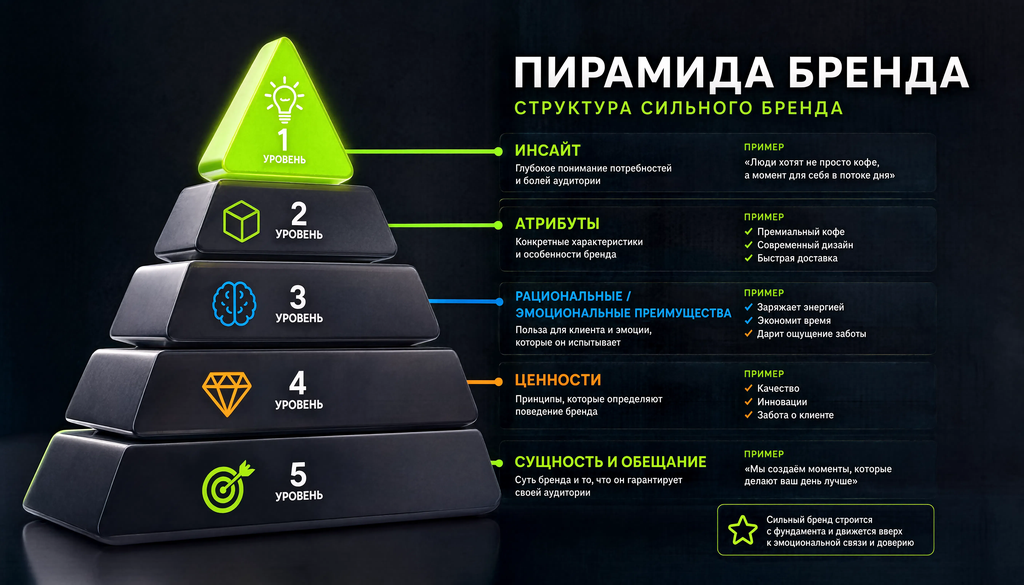 Инфографика пирамиды бренда: от потребительского инсайта через атрибуты, преимущества, ценности к сущности и обещанию