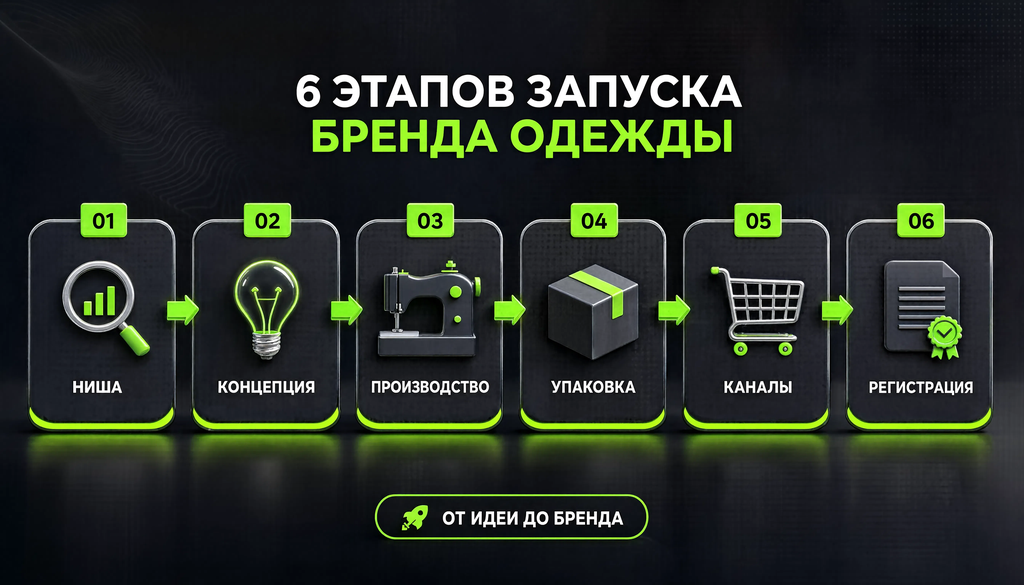 Инфографика: 6 шагов запуска бренда одежды от ниши до продаж