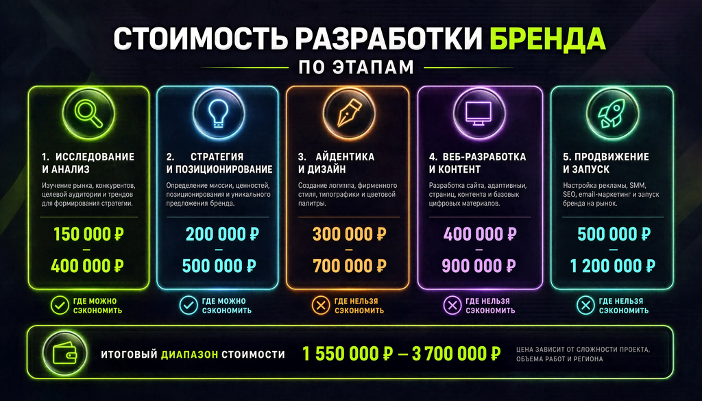 Инфографика: стоимость разработки бренда по этапам, диапазоны цен, итоговая сумма, где можно сэкономить.