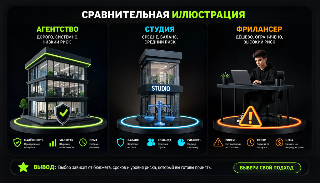 Сравнение агентства, студии и фрилансера по цене, качеству и рискам для выбора исполнителя брендинга