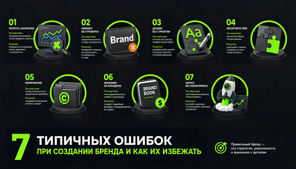 Инфографика: 7 типичных ошибок при создании бренда и как их избежать