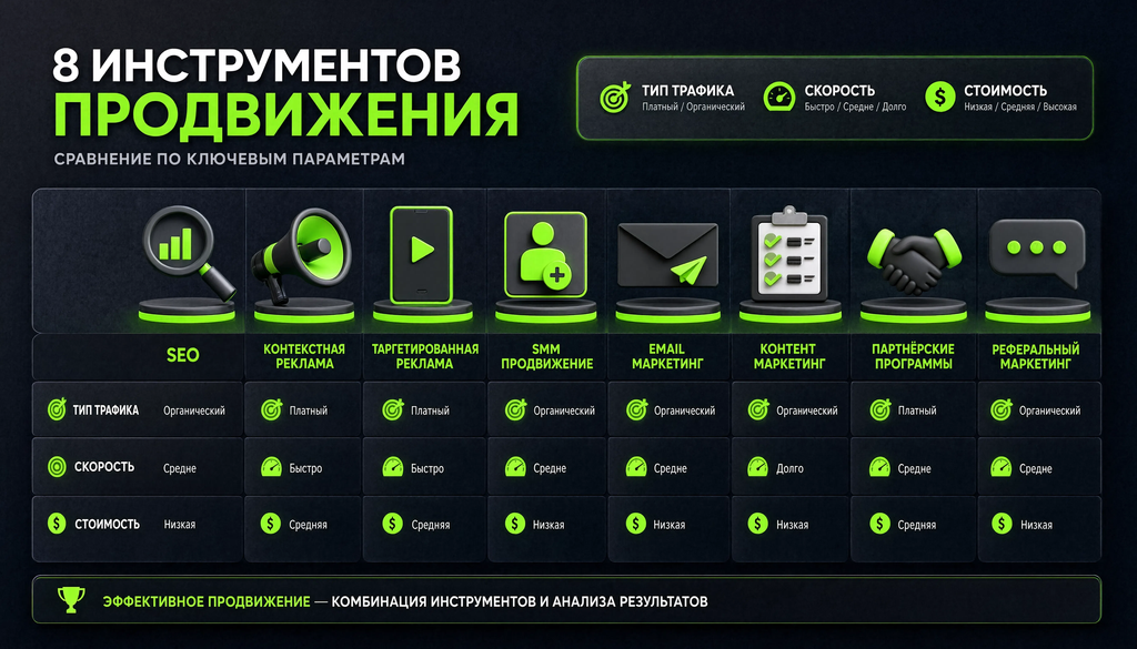 Инфографика сравнения инструментов продвижения бренда по охвату, стоимости и скорости результата