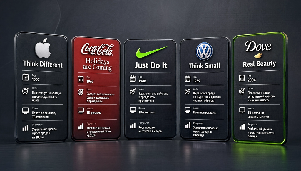 Инфографика о 5 известных рекламных кампаниях: Apple 'Think Different', Coca-Cola 'Holidays are Coming', Nike 'Just Do It', Volkswagen 'Think Small', Dove 'Real Beauty', их целях, каналах и результатах.