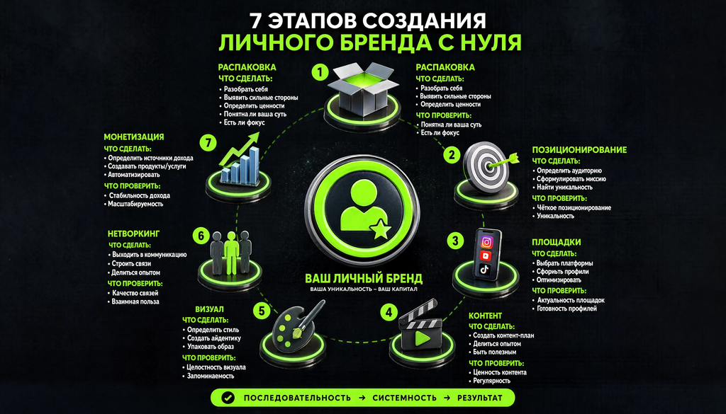 Схема 7 этапов создания личного бренда с нуля: распаковка, позиционирование, площадки, контент, визуал, нетворкинг, монетизация