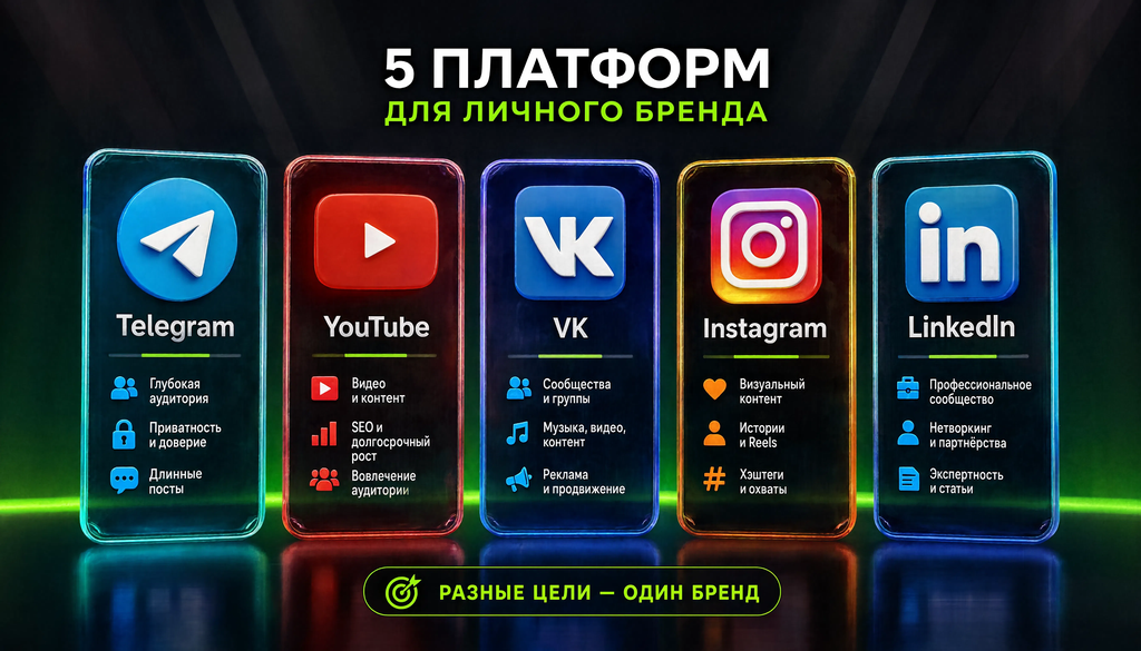 Сравнение соцсетей для личного бренда: Telegram, YouTube, VK, Instagram, LinkedIn по охвату, формату и аудитории