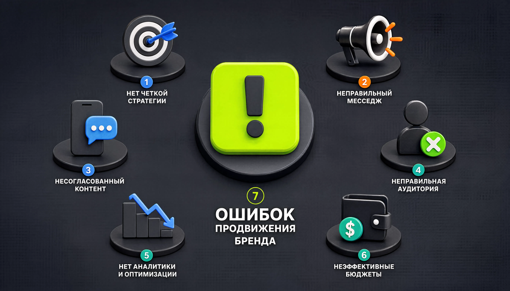 Инфографика: 7 типичных ошибок при продвижении бренда, их последствия и решения