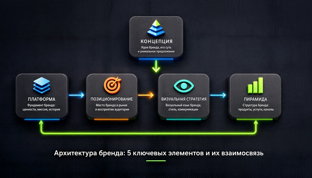 Архитектура бренда: схема пяти ключевых элементов &mdash; платформа, пирамида, концепция, позиционирование, визуальная стратегия &mdash; и их взаимосвязь