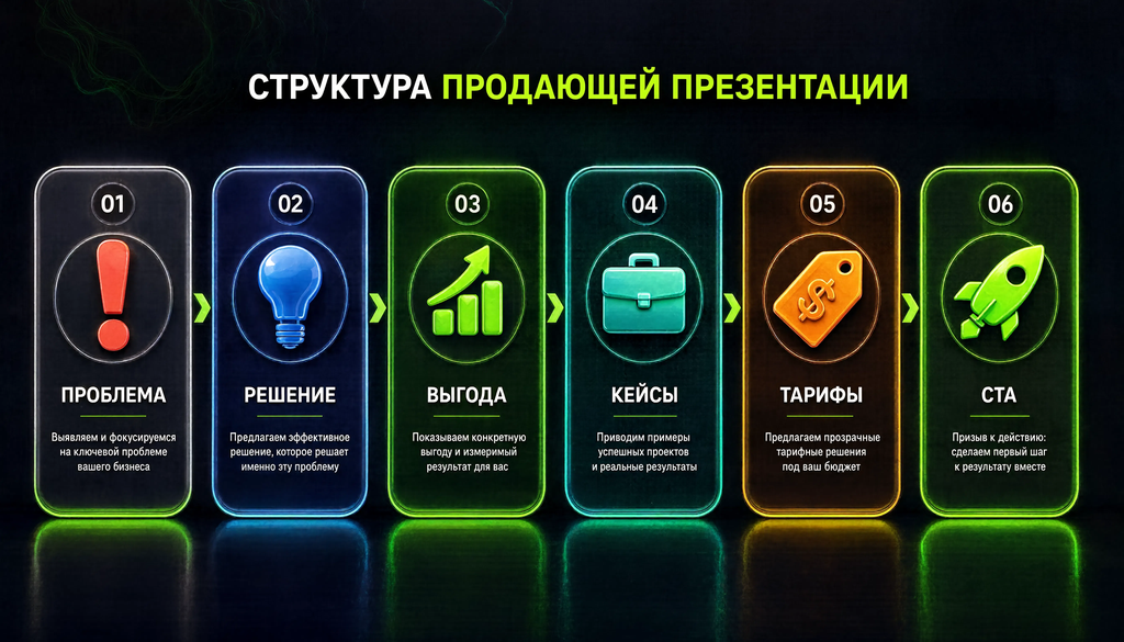 Инфографика структуры продающей презентации: проблема, решение, выгода, кейсы, тарифы, CTA