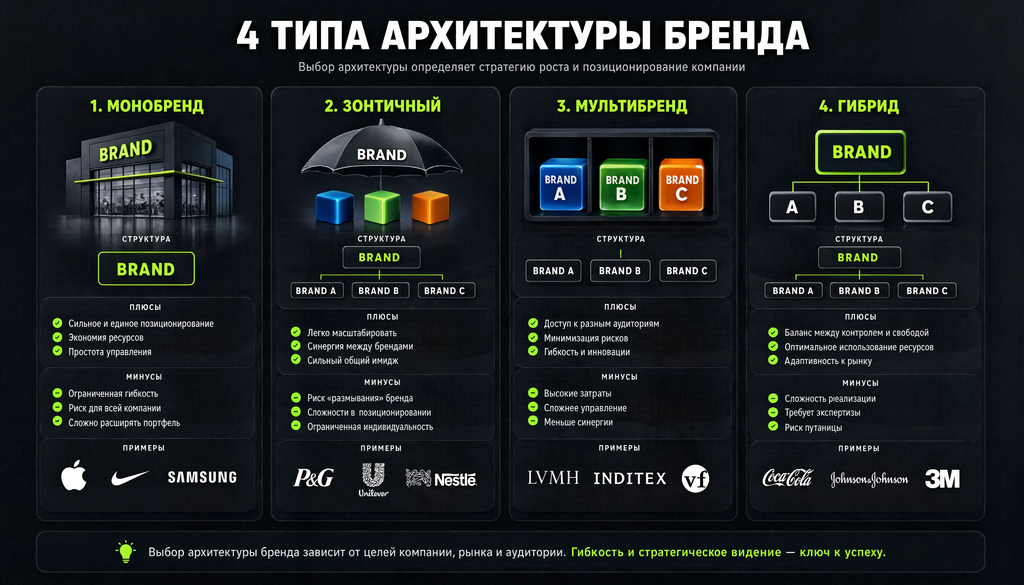 Сравнительная иллюстрация четырех типов архитектуры бренда: монобренд, зонтичный, мультибренд и гибрид с плюсами, минусами и примерами.