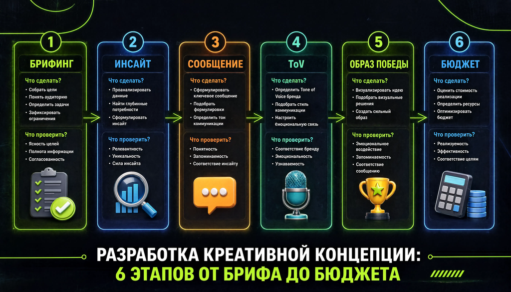 Инфографика: 6 этапов разработки креативной концепции от брифа до бюджета с примерами.
