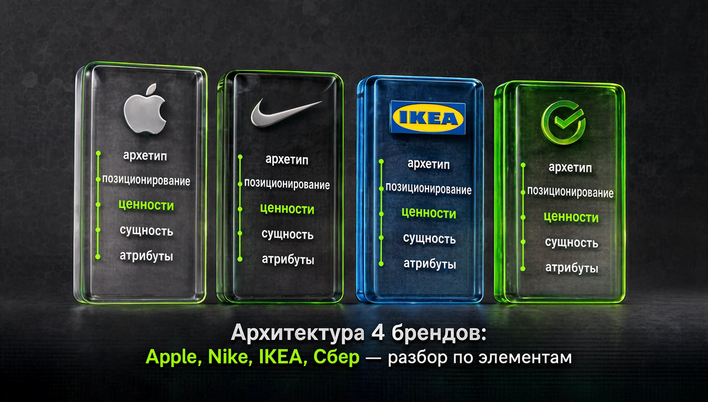Сравнительная архитектура брендов Apple, Nike, IKEA и Сбер: архетип, позиционирование, ценности, сущность, атрибуты.