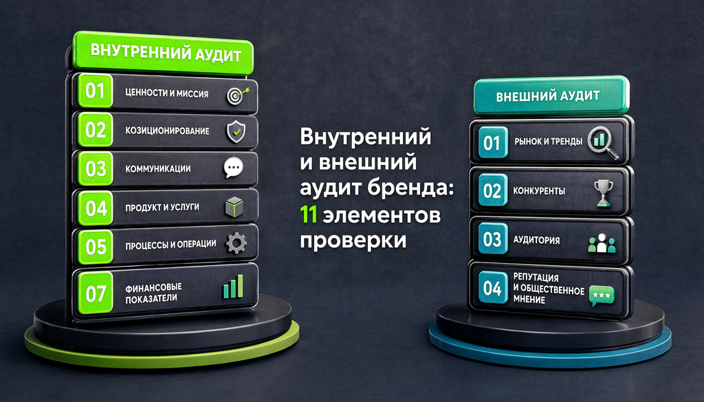 Инфографика: внутренний и внешний аудит бренда, 11 элементов проверки, разделение на две колонки