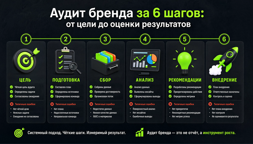 Схема аудита бренда за 6 шагов: цель, подготовка, сбор, анализ, рекомендации, внедрение. На каждом этапе указаны действия, проверки и типичные ошибки