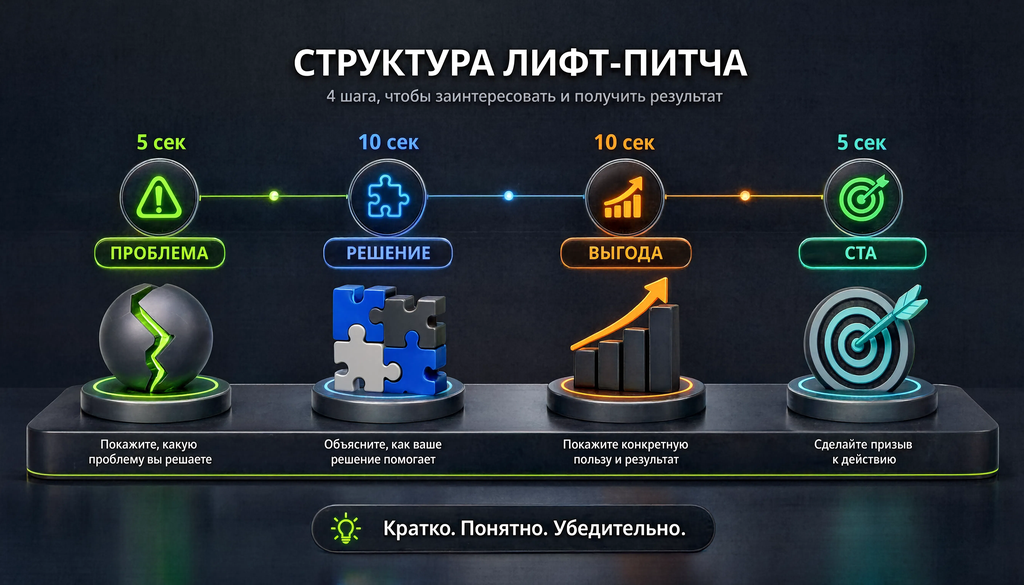 Шаблон лифт-питча: 5 сек проблема, 10 сек решение, 10 сек выгода, 5 сек CTA.