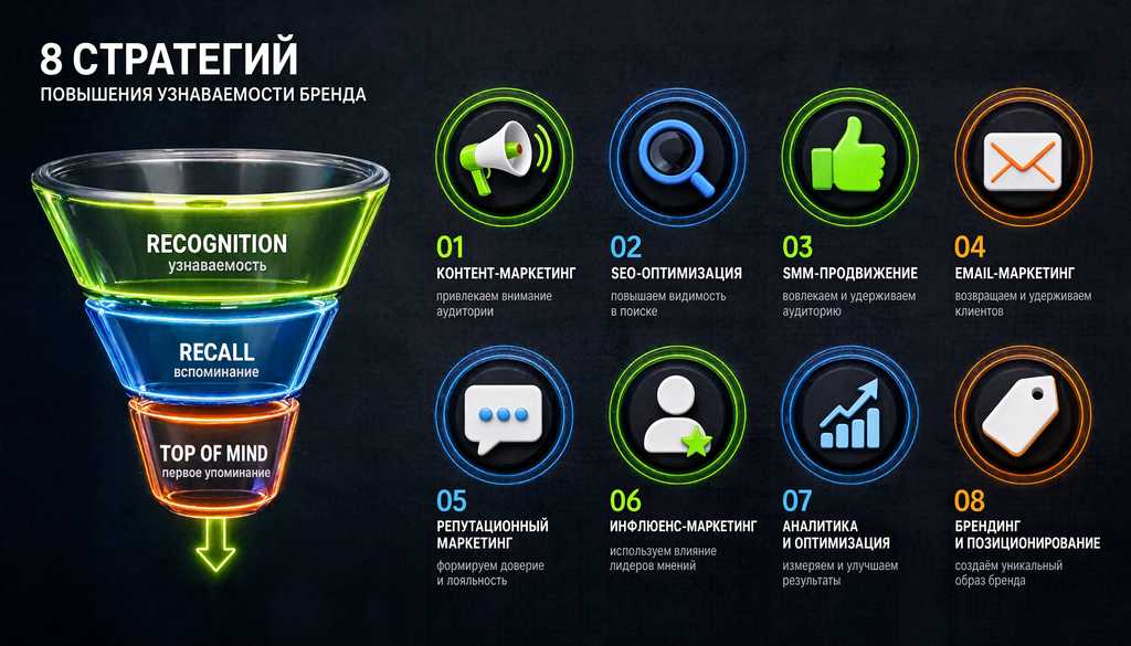 Infographic: 8 strategies for brand awareness from recognition to top of mind, with icons and examples for each funnel level.