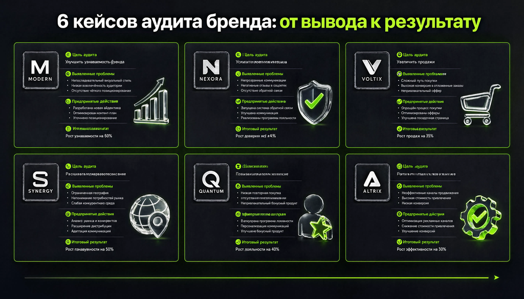 Шесть кейсов аудита бренда: цель, вывод, действие, результат. Иллюстрация, показывающая как аудит приводит к конкретным решениям.