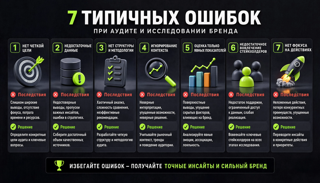 Инфографика: 7 типичных ошибок при аудите и исследовании бренда с последствиями и решениями
