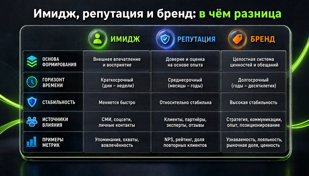 Сравнительная таблица имиджа, репутации и бренда: основа формирования, горизонт времени, стабильность, источники влияния, примеры метрик. Подпись: Имидж, репутация и бренд: в чём разница.