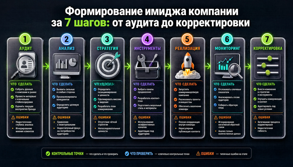 Схема формирования имиджа компании за 7 шагов: аудит, анализ, стратегия, инструменты, реализация, мониторинг, корректировка, с проверками и типичными ошибками на каждом этапе