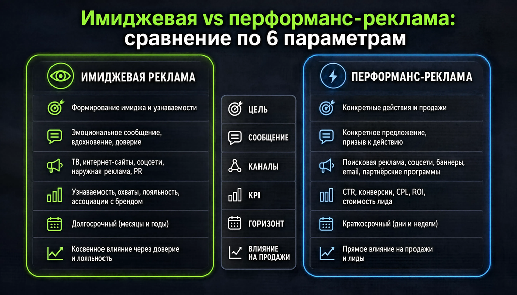Имиджевая vs перформанс-реклама: сравнение по 6 параметрам (цель, сообщение, каналы, KPI, горизонт, влияние на продажи)