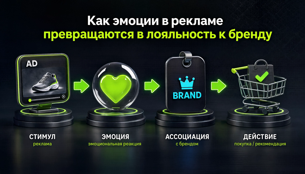 Инфографика: цепочка эмоционального маркетинга &mdash; от эмоции через ассоциацию к лояльности и покупке. Как эмоции в рекламе превращаются в лояльность к бренду.