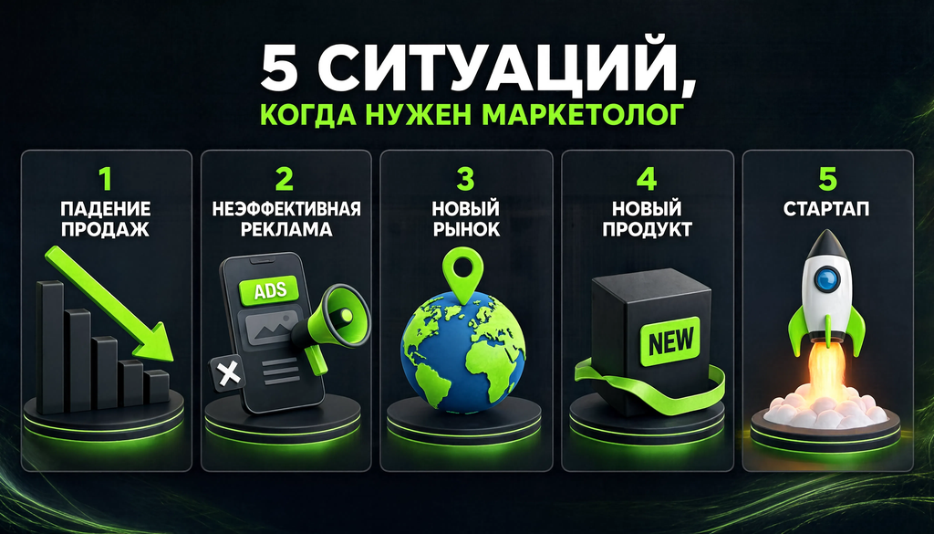 Инфографика: 5 ситуаций, когда нужен маркетолог - падение продаж, неэффективная реклама, новый рынок, новый продукт, стартап.