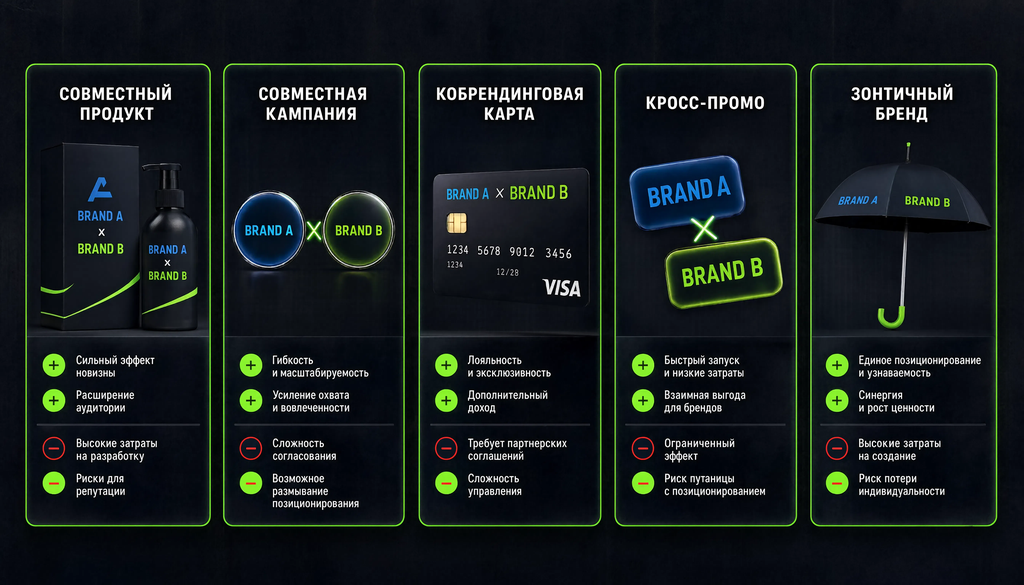 Сравнительная иллюстрация пяти видов кобрендинга: совместный продукт, совместная кампания, кобрендинговая карта, кросс-промо, зонтичный бренд с примерами, плюсами и минусами для выбора подходящего формата коллаборации