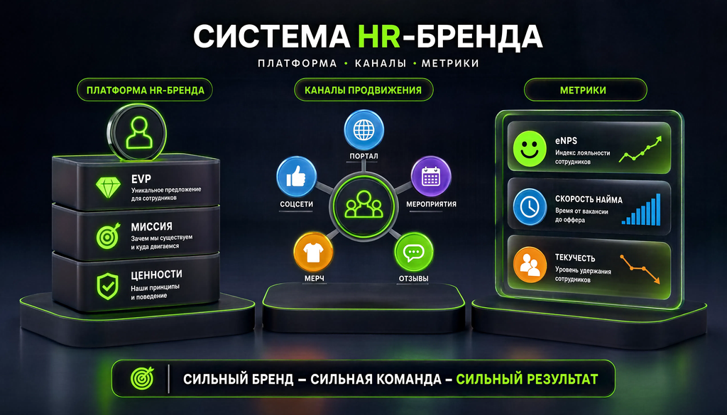 HR branding infographic showing platform (EVP, mission, values), promotion channels (portal, social media, events, merch, reviews), and metrics (eNPS, time to hire, turnover) - from platform to measurement