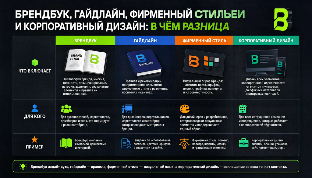 Сравнительная таблица брендбука, гайдлайна, фирменного стиля и корпоративного дизайна: что включает, для кого, пример.