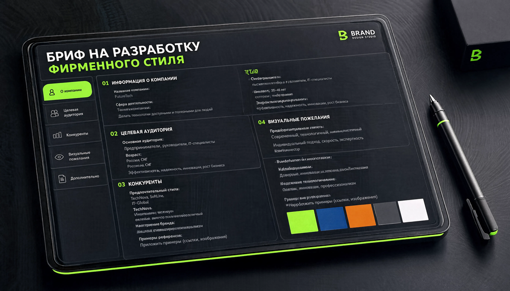 Пример заполненного брифа на разработку фирменного стиля с шапкой, информацией о компании, целевой аудитории, конкурентах и визуальных пожеланиях