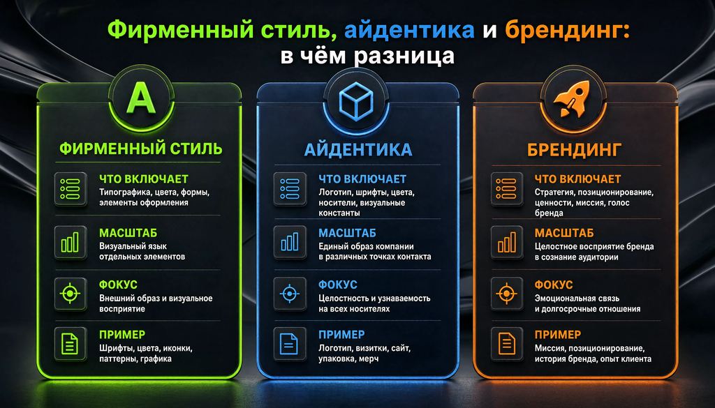Сравнительная иллюстрация фирменного стиля, айдентики и брендинга: различия в охвате, содержании и масштабе. Три колонки с примерами.