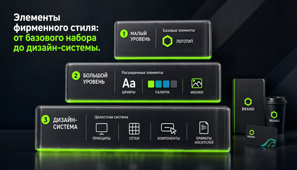 Инфографика: элементы фирменного стиля от базового набора до дизайн-системы с примерами брендов