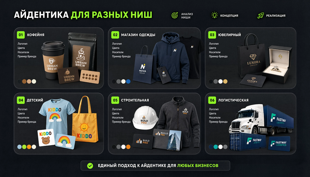Сравнительная иллюстрация фирменного стиля для 6 ниш: кофейня, магазин одежды, ювелирный, детский, строительная, логистическая. Для каждой ниши показаны ключевые элементы, цвета, носители и пример бренда.
