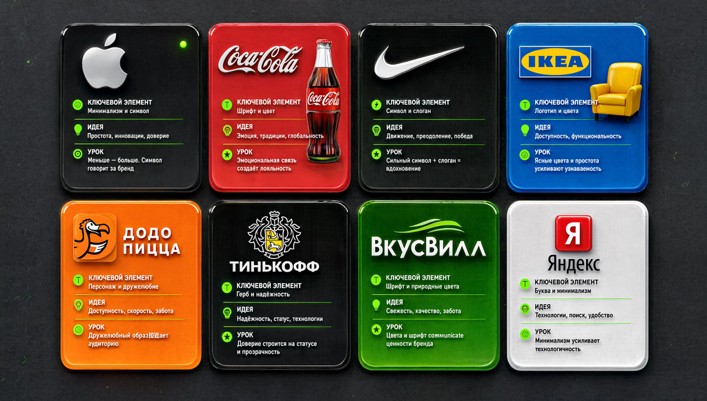 8 примеров фирменного стиля: Apple, Coca-Cola, Nike, IKEA, Додо Пицца, Тинькофф, ВкусВилл, Яндекс &mdash; ключевые элементы, идеи и уроки.