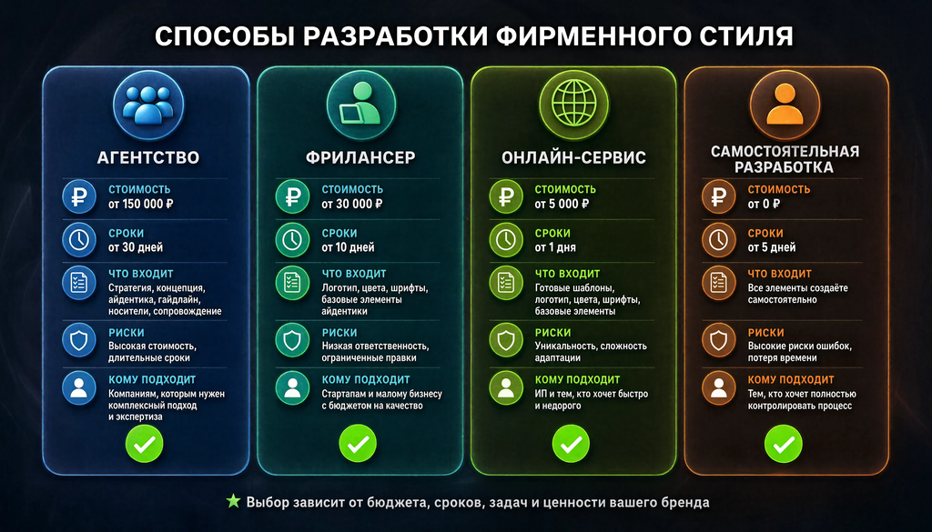 Сравнение вариантов разработки фирменного стиля: агентство, фрилансер, онлайн, своими силами