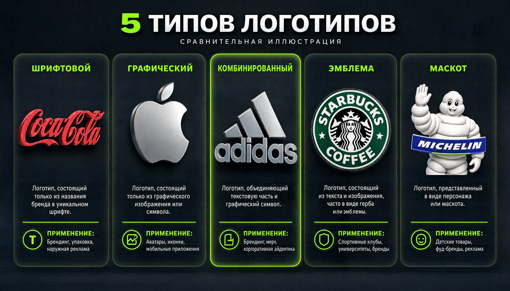 Пять видов логотипов: шрифтовой (Coca-Cola, Google), графический (Apple, Nike), комбинированный (Adidas, Lacoste), эмблема (Starbucks, BMW), маскот (Michelin, Pringles) в сравнительной иллюстрации