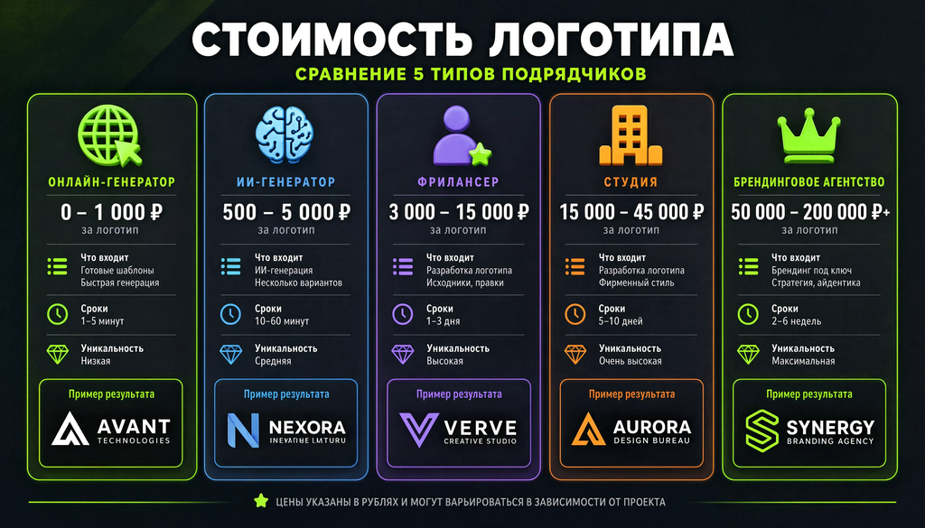 Сравнение стоимости логотипа по типам подрядчиков: онлайн-генератор, ИИ-генератор, фрилансер, студия, брендинговое агентство. Иллюстрация с ценами, сроками, уникальностью и примерами
