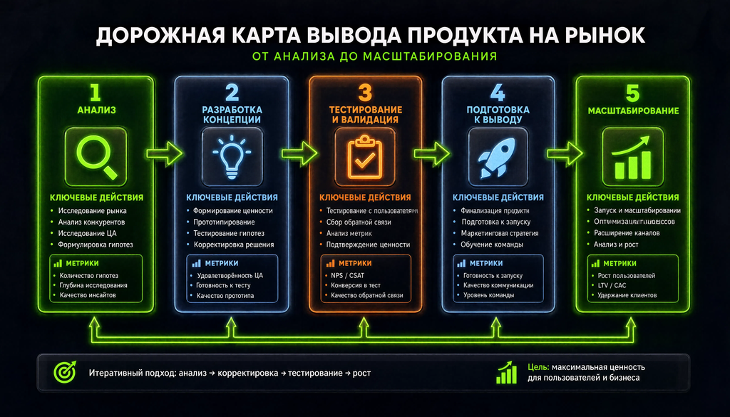 Дорожная карта вывода нового продукта на рынок: пять этапов от анализа до масштабирования, с ключевыми действиями и метриками на каждом этапе. Стрелки показывают переход между этапами и возможность возврата к корректировке.
