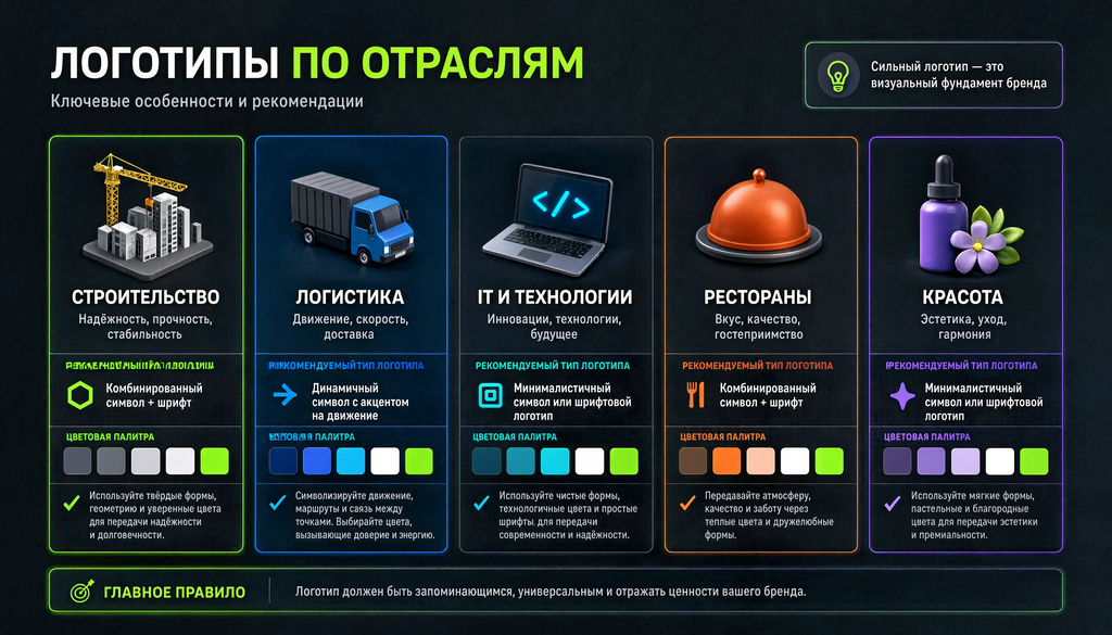 Инфографика с отраслевыми особенностями логотипов для строительства, логистики, IT, ресторана и красоты: цвета, формы, типы логотипов.