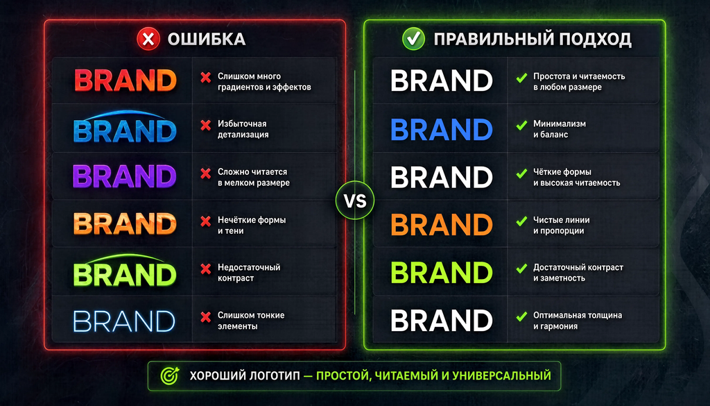 Сравнительная иллюстрация: ключевые ошибки разработки логотипа и правильный подход, две колонки с визуальными примерами