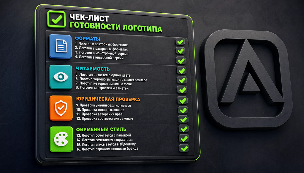 Инфографика: чек-лист готовности логотипа из 12 пунктов по форматам, читаемости, юридической проверке и фирменному стилю