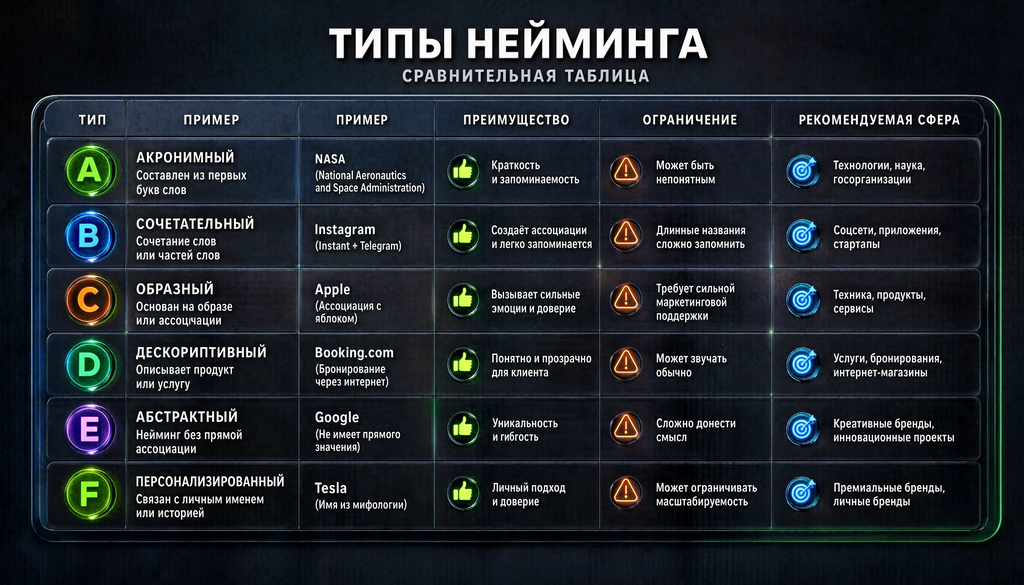 Сравнительная таблица типов нейминга: 5&ndash;7 строк с типом, примером, преимуществом, ограничением и рекомендованной сферой применения.